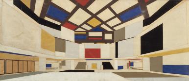 Colour design for university hall, in perspective, towards the staircase